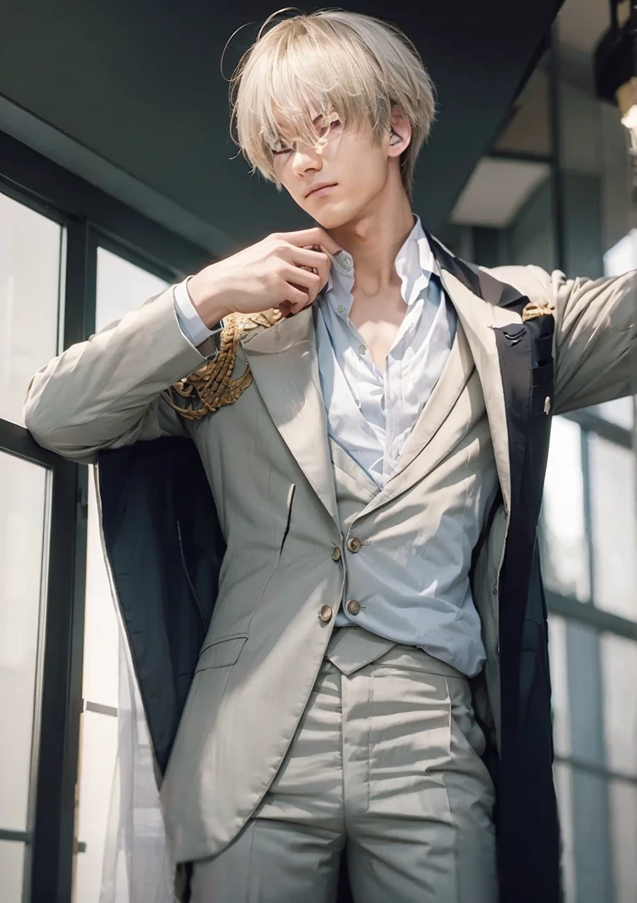 Anime man in a suit and tie stands in front of the window., Handsome anime poses, ((Wear a nobleman's robe)), Delicate Androgynous Prince, beautiful androgynous prince, Very detailed fan art, Handsome man in the art of killing demons, Tall anime guy with blue eyes., Dressed in ancient clothes, male anime characters, Inspired by Bian Shoumin, Handsome boy anime