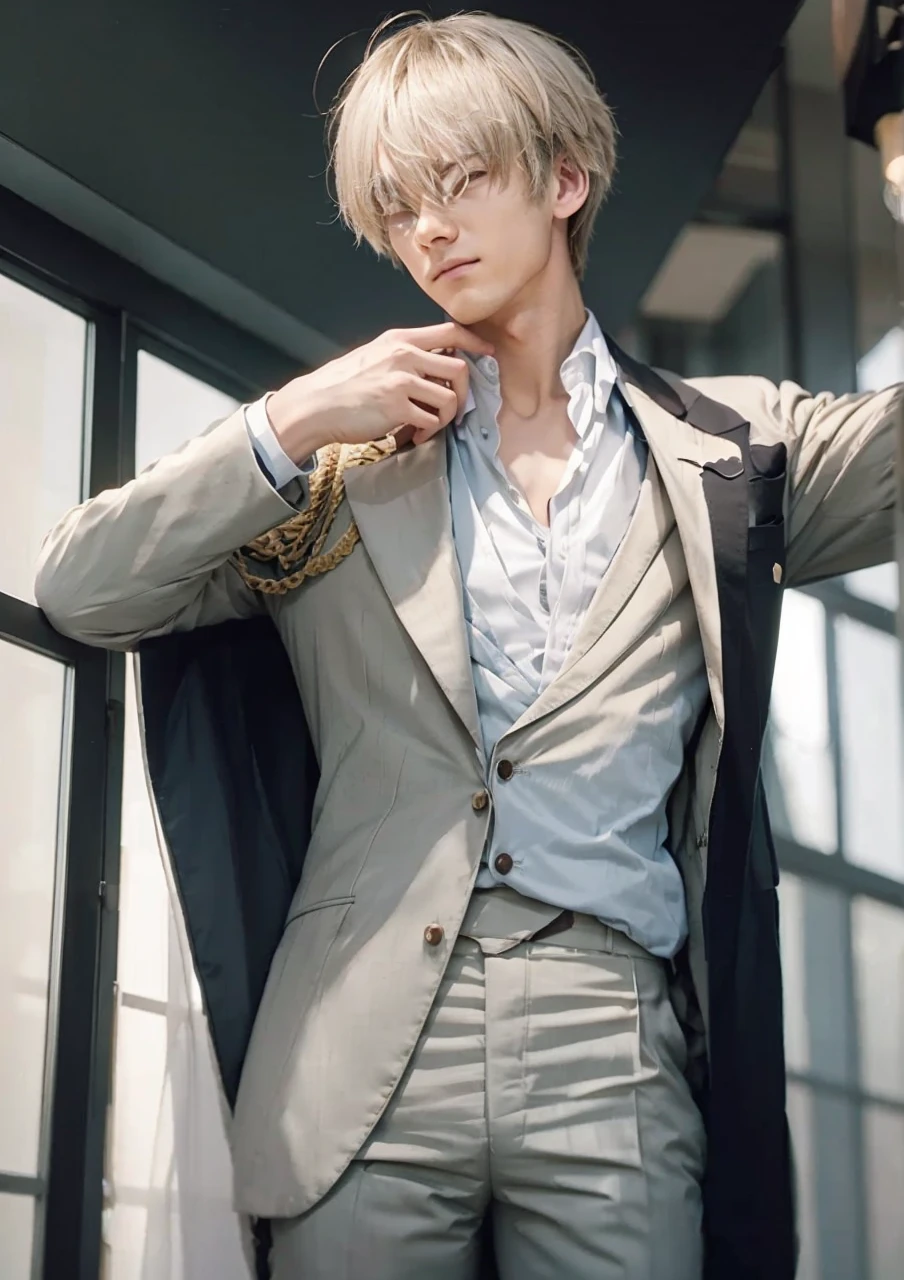 Anime man in a suit and tie stands in front of the window., Handsome anime poses, ((Wear a nobleman&#39;s robe)), Delicate Androgynous Prince, beautiful androgynous prince, Very detailed fan art, Handsome man in the art of killing demons, Tall anime guy with blue eyes., Dressed in ancient clothes, male anime characters, Inspired by Bian Shoumin, Handsome boy anime