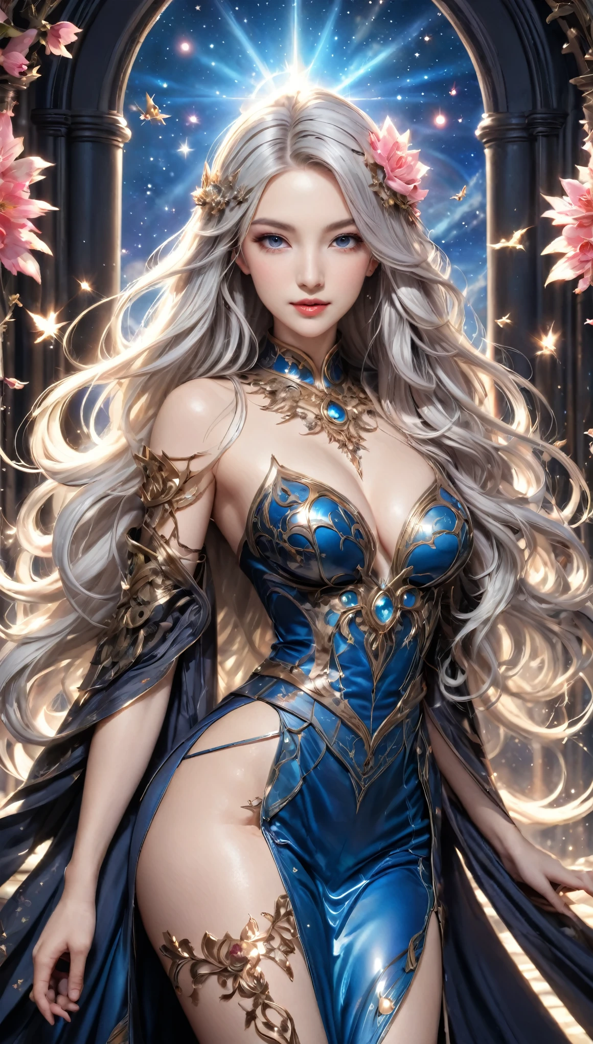 8K resolution, masterpiece, Highest quality, Award-winning works, unrealistic, From above, erotic, sole sexy lady, healthy shaped body, 22 years old, black mage, 165cm tall, huge firm bouncing busts,, white silver long wavy hair, Detailed facial depictions, Break, Mysterious blue eyes, Standard nose, Eyeliner, pink lips, sexy long legs, Transparent and shiny skin, holy knight, Gothic ruffle long dress, A dress with a complex structure, Seven-colored colorful dress, Clothed in flames, royal coat of arms, elegant, Very detailed, Delicate depiction of hair, miniature painting, Digital Painting, artステーション, コンセプトart, Smooth, Sharp focus, shape, artジャム、Greg Rutkowski、Alphonse Mucha、William Adolphe Bouguereau、art：Stephanie Law , Royal Jewel, nature, Symmetric, Greg Rutkowski, Charlie Bowwater, Unreal, Surreal, Dynamic Lighting, ファンタジーart, Complex colors, Colorful magic circle, flash, dynamic sexy poses, A kind smile, Mysterious Background, Aura, A gentle gaze, BREAK, Small faint lights and flying fireflies, night, lanthanum, 山の頂From above下界を見下ろす, Starry Sky, milky way, nebula, shooting star, Flowers, birds, wind and moon, (Back view, Looking back towards the camera:1.3), chant healing magic, A pillar of light stretching to the sky, Laser beam, Climb the stairs to heaven