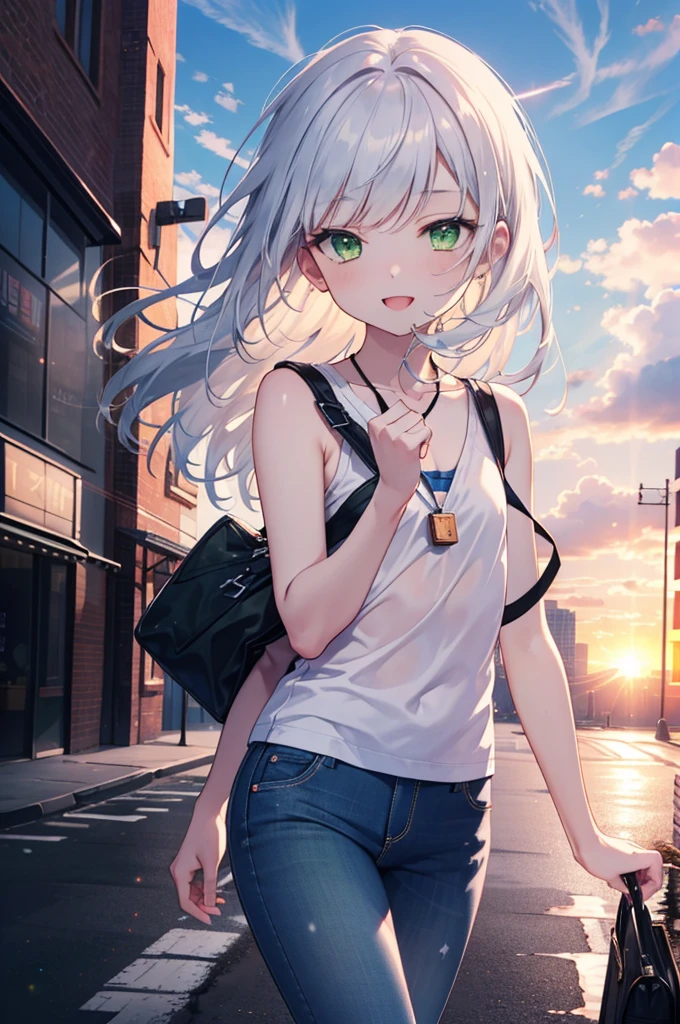 index, index, (Green Eyes:1.5), Silver Hair, Long Hair, (Flat Chest:1.2)happy smile, smile, Open your mouth,v neck tank top shirt,Skinny jeans,Cute Sandals,Rocket Pendant,Walking,Sunset,evening,The sun is setting,whole bodyがイラストに入るように,
break looking at viewer, whole body,
break outdoors, Building district,
break (masterpiece:1.2), Highest quality, High resolution, unity 8k wallpaper, (figure:0.8), (Beautiful attention to detail:1.6), Highly detailed face, Perfect lighting, Highly detailed CG, (Perfect hands, Perfect Anatomy),