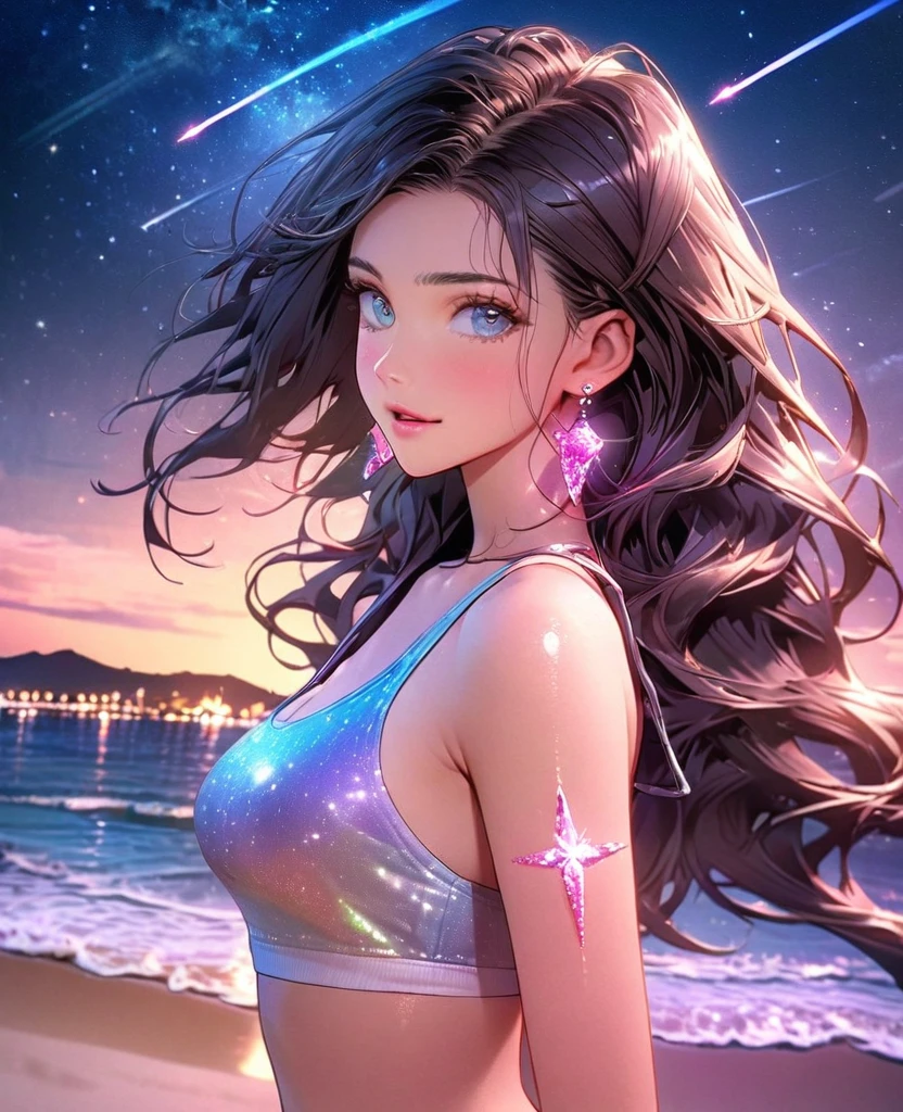 8K,gal,Beautiful and realistic skin,Shiny jewel-like earrings,pink glowing tattoo,Long colerful hair,blue eyes,whole body,Night view,Sparkling landscape,Swimsuit with sparkly tank top on the upper body,Big moon and shooting star,Beach at night