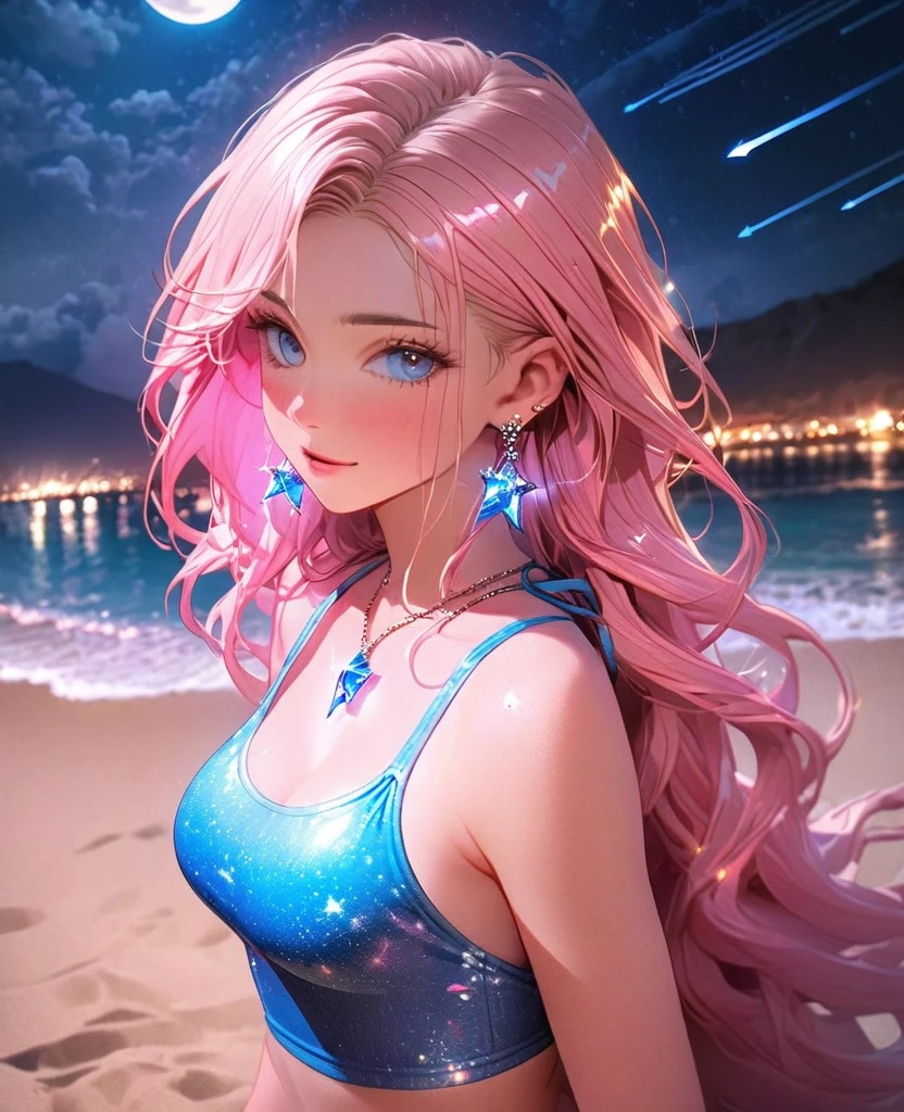 8K,gal，Beautiful and realistic skin,Shiny jewel-like earrings，pink glowing tattoo,Long colerful hair,blue eyes,whole body,Night view,Sparkling landscape,Swimsuit with sparkly tank top on the upper body,Big moon and shooting star,Beach at night