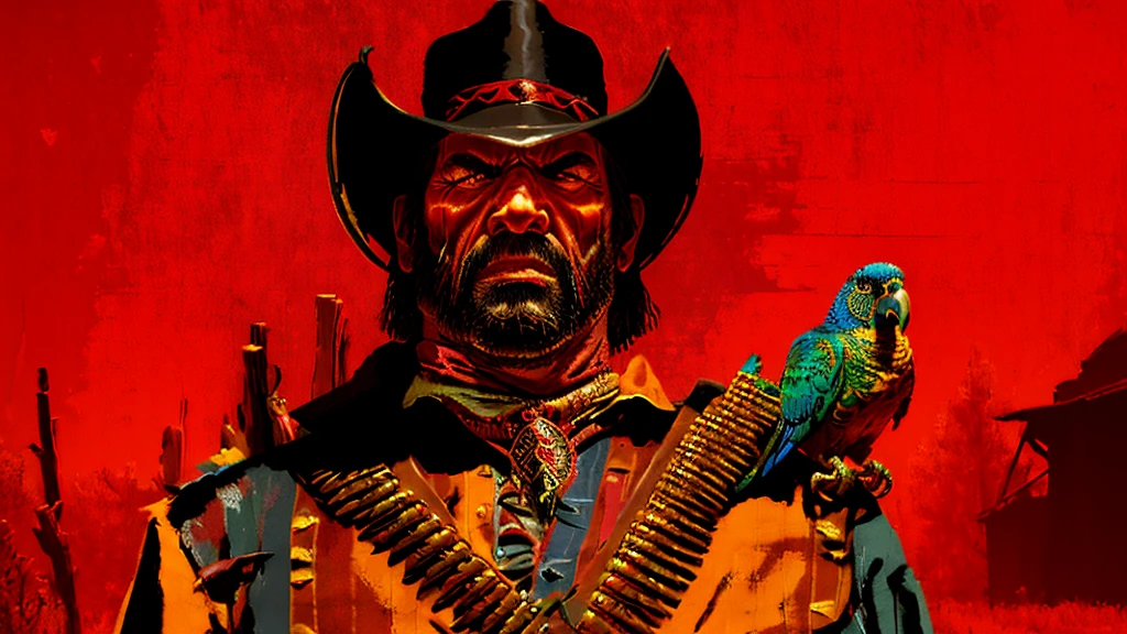 a highly detailed digital portrait of a parrot head cowboy in the wild west of america, red background, everything is shattering, hyperrealistic, octane render, photorealistic, 8k, intricate details, dramatic lighting, cinematic composition, weathered, dystopian, grungy, moody, intense colors, vivid, masterpiece