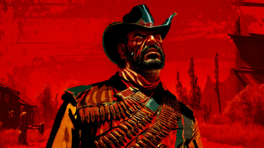 a highly detailed digital portrait of a parrot head cowboy in the wild west of america, red background, everything is shattering, hyperrealistic, octane render, photorealistic, 8k, intricate details, dramatic lighting, cinematic composition, weathered, dystopian, grungy, moody, intense colors, vivid, masterpiece