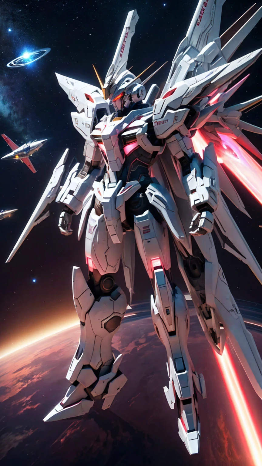 universe space、Pink light effect、Strike Freedom、front、universe spaceに浮いている、(The entire aircraft is contained within a round light.)、
