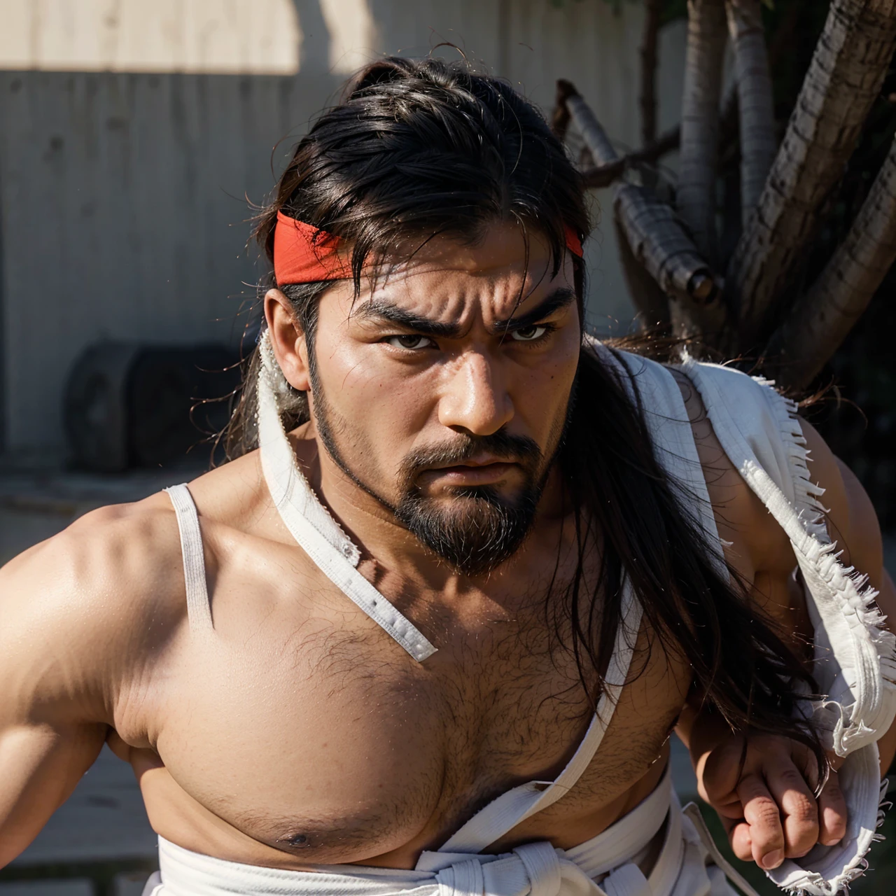 Street fighter ryu, frontal view, bushy eye brows, full body, red sash, beard, angry looking, white karate pants, sandals,