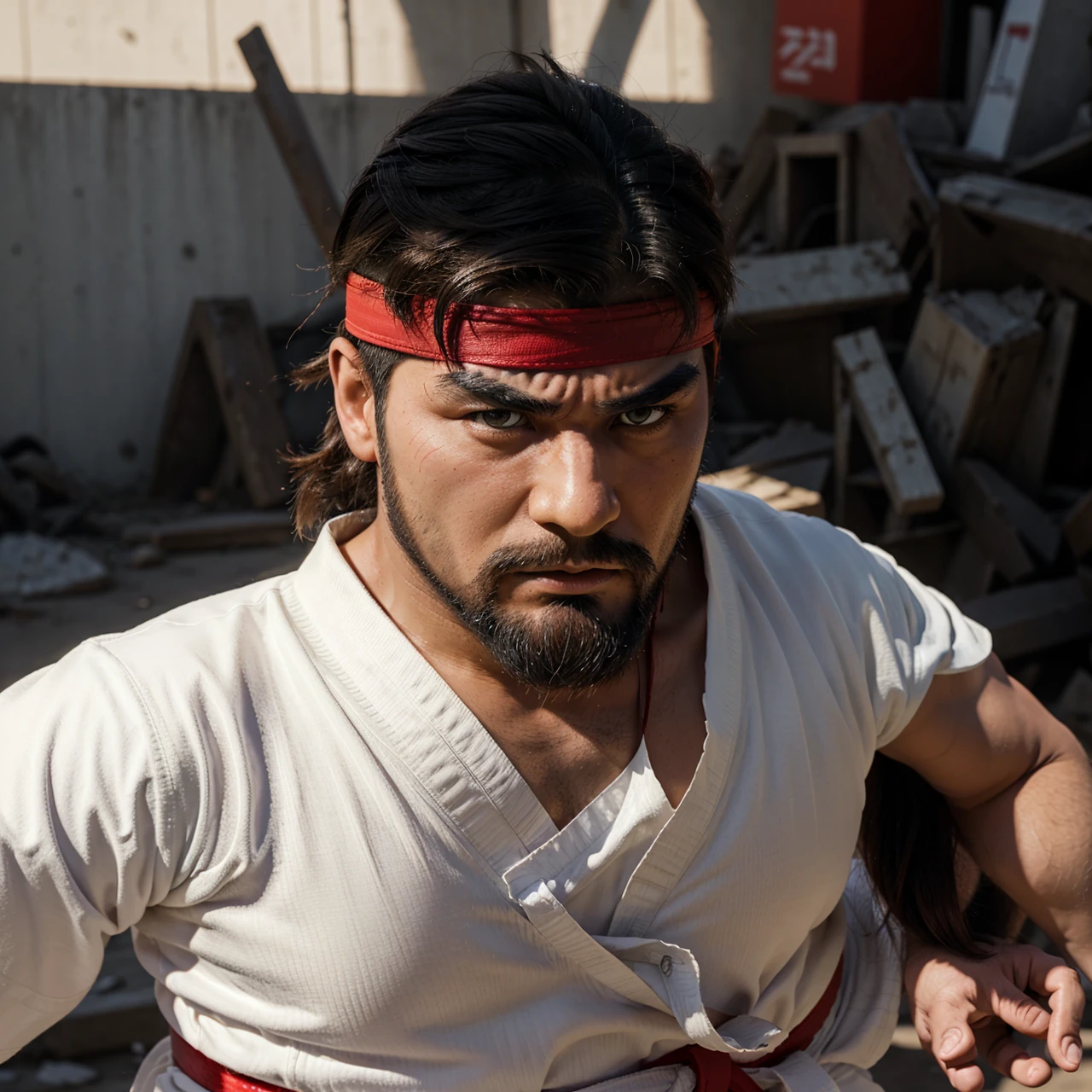 Street fighter ryu, frontal view, bushy eye brows, full body, red sash, beard, angry looking, white karate pants, sandals,