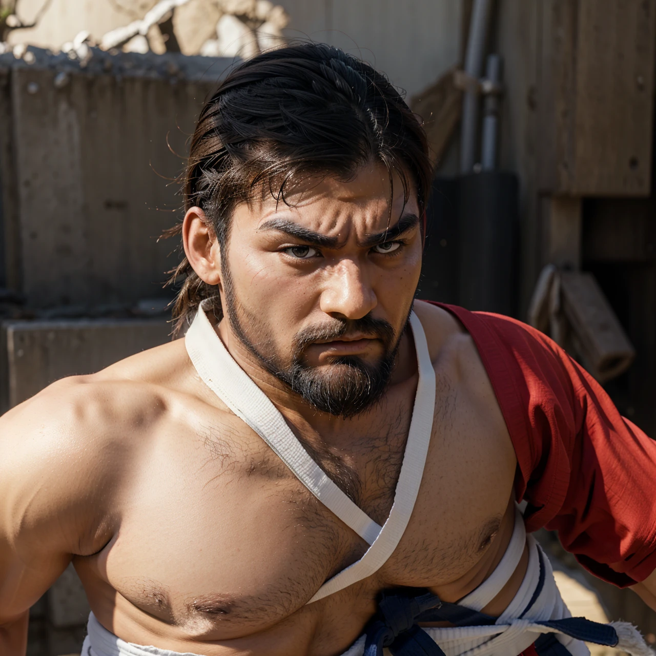 Street fighter ryu, frontal view, bushy eye brows, full body, red sash, beard, angry looking, white karate pants, sandals,