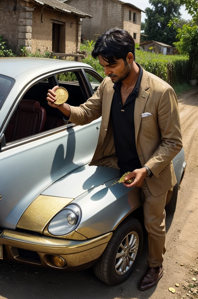 A rich man taking seeds or gold coin from car in a poor village
