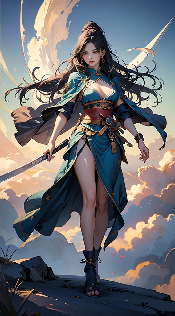 Highest quality、masterpiece、8K、Realistic、超High resolution、Very delicate and beautiful、High resolution、Fantasy、Perfect female body、mature woman、Blue Hair、Toned body、Cape、Clothing with low exposure、Full body emphasis、Simple Background、samurai、warrior