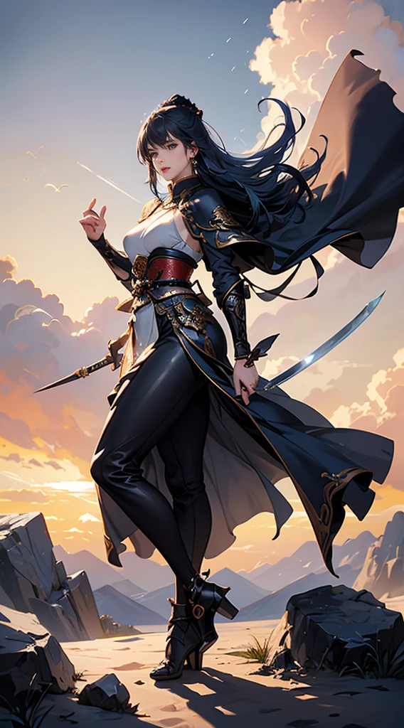 Highest quality、masterpiece、8K、Realistic、超High resolution、Very delicate and beautiful、High resolution、Fantasy、Perfect female body、mature woman、Blue Hair、Toned body、Cape、Clothing with low exposure、Full body emphasis、Simple Background、samurai、warrior