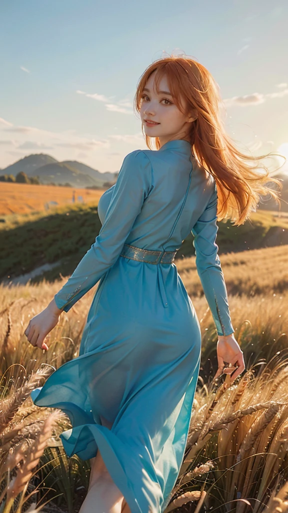 1 girl, solo, long orange hair, running, (high wheat field), turning around, emerald eyes, long blue dress, middle ages, medieval outfit, long sleeves sunset, light from behind, shadow on the figure, smile, laughter, (blue sky), against the background of wheat, standing in the distance, looking at the viewer, full-length