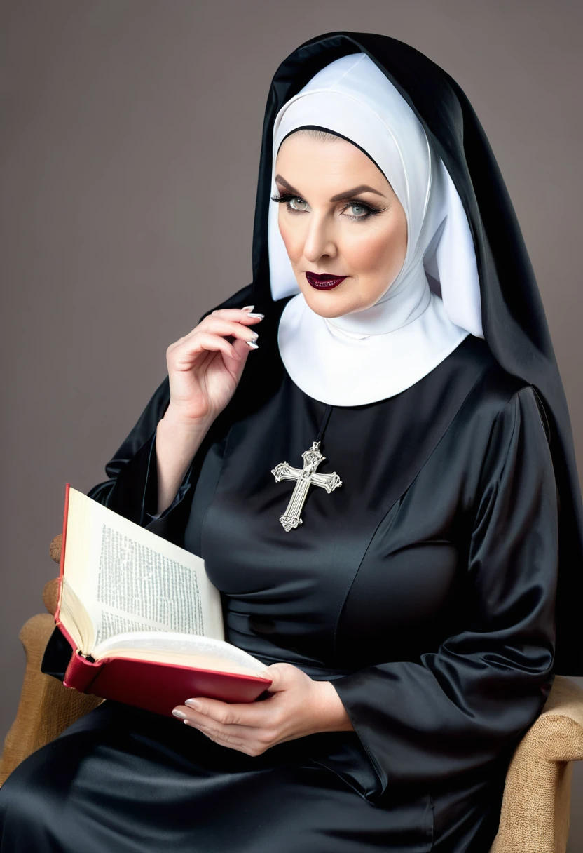 fat mature woman in a nun costume reading a book, nun outfit, nun fashion model, nun, wearing a cross on a robe, wearing a black robe, nun fashion model looking up, wearing a matron's uniform, wearing a black robe, an evil nun, kneeling and looking, wearing Black robe, wearing a dark robe, wearing black silk robes, beads crisscrossed on the bare chest,huge boobs
