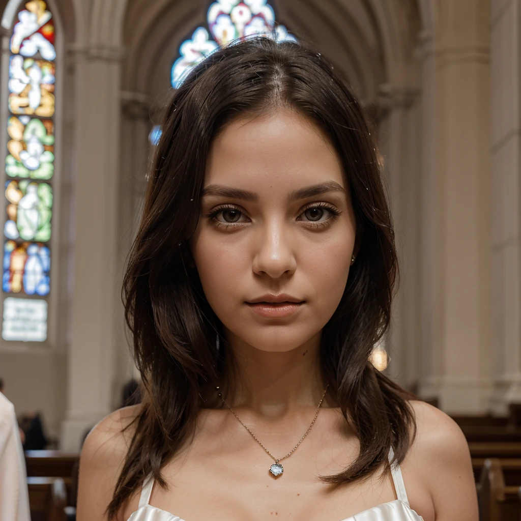 1girl in, 30 years old, Square face, Long hair, Looking at viewer, jewelry, Reality, Sexy, bridal page, church background, free pose