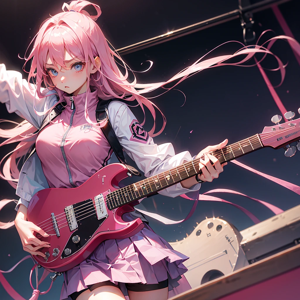 beautiful girl、Troubled face、Pink Hair、Long Hair、Pink jersey、Grey Skirt、I have a guitar、The zipper on his jersey is open、Beautiful breasts