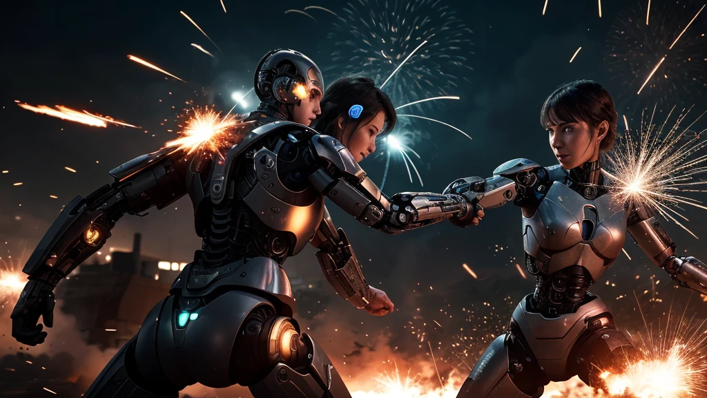 Humans and cyborg AIs are engaged in intense combat. The protagonist is seen in close combat with a cyborg, using a high-tech blade. Sparks fly as their weapons clash, and the background shows explosions and chaos, with both sides suffering casualties.