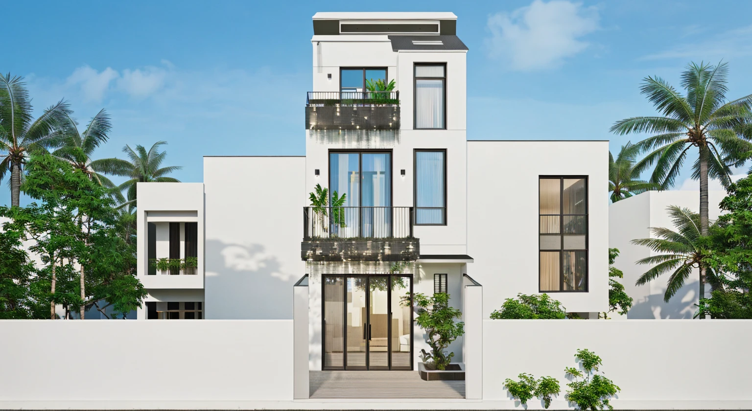 RAW PHOTO, FULL HD, 8K. OUTDOOR, ULTRA REALISTIC, HOUSE IN STREET, TREE, SKY, TROPICAL STYLE, WHITE WALL, ROOF, GLASS WINDOW, GLASS DOOR