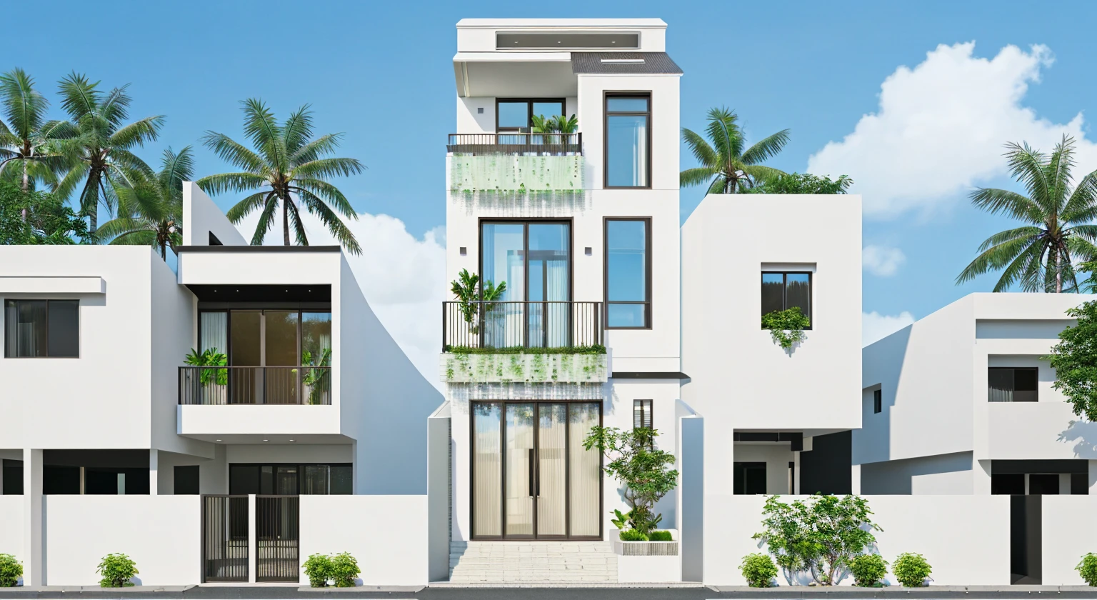 RAW PHOTO, FULL HD, 8K. OUTDOOR, ULTRA REALISTIC, HOUSE IN STREET, TREE, SKY, TROPICAL STYLE, WHITE WALL, ROOF, GLASS WINDOW, GLASS DOOR