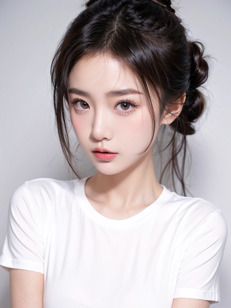 masterpiece,Best picture quality,Extreme details,Ultra-high resolution,Ultra-high definition,Beautiful young people,Glowing skin,thin,Black Hair,Half bun,1,big eyes,beautiful eyes,Lipstick,Exquisite facial features,bust,Looking at the viewer, t-shirt,Single tone background,White background,Soft light