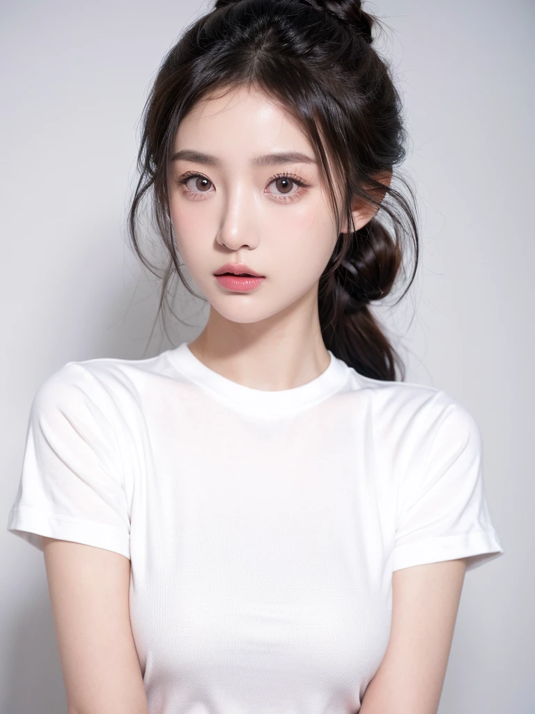masterpiece,Best picture quality,Extreme details,Ultra-high resolution,Ultra-high definition,Beautiful young people,Glowing skin,thin,Black Hair,Half bun,1,big eyes,beautiful eyes,Lipstick,Exquisite facial features,bust,Looking at the viewer, t-shirt,Single tone background,White background,Soft light