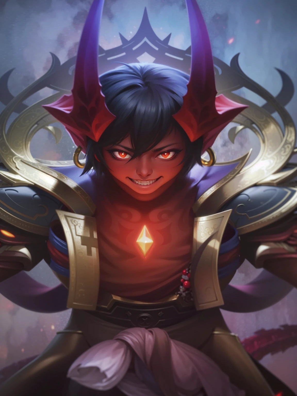 Masterpiece, ultra HD, detailed all picture, a close up of a devil, hayabusa from mobile legend, evil, extremely detailed artgerm, mobile legends character, inspired by hayabusa, Black and red costume, hood, mask, long katana, fire backgrounds