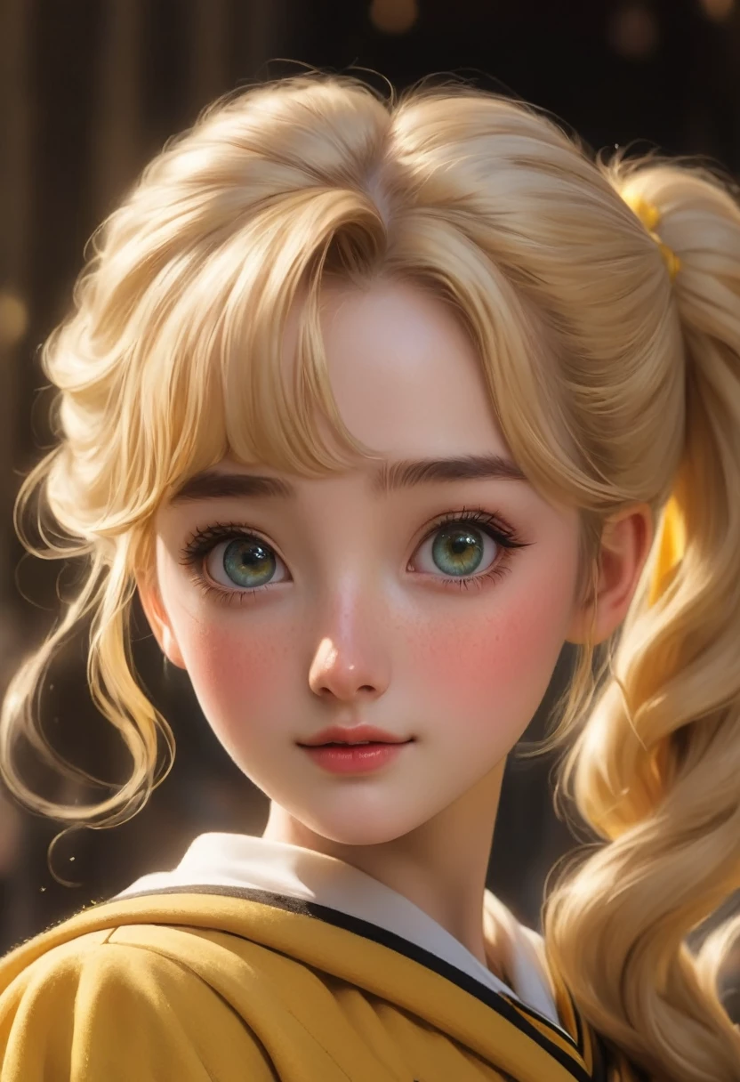 best quality, Masterpiece, Hogwarts students, Hufflepuff, I have short blonde twin tails.., Beaming, misbehave, freckles, Detailed eyes, detailed face, Beautiful skin,