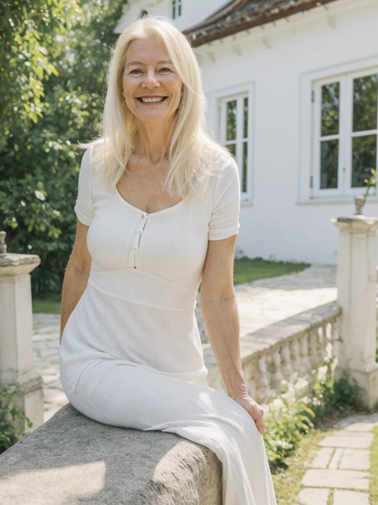 A realistic, photorealistic image of Felicidad, a 60-year-old Finnish woman with a Scandinavian background, (((white blonde and medium length hair))), smiling and enjoying, posing inside the mansion over the hilltop, upper body and upper legs, (((round face))), (((thin hairline)))