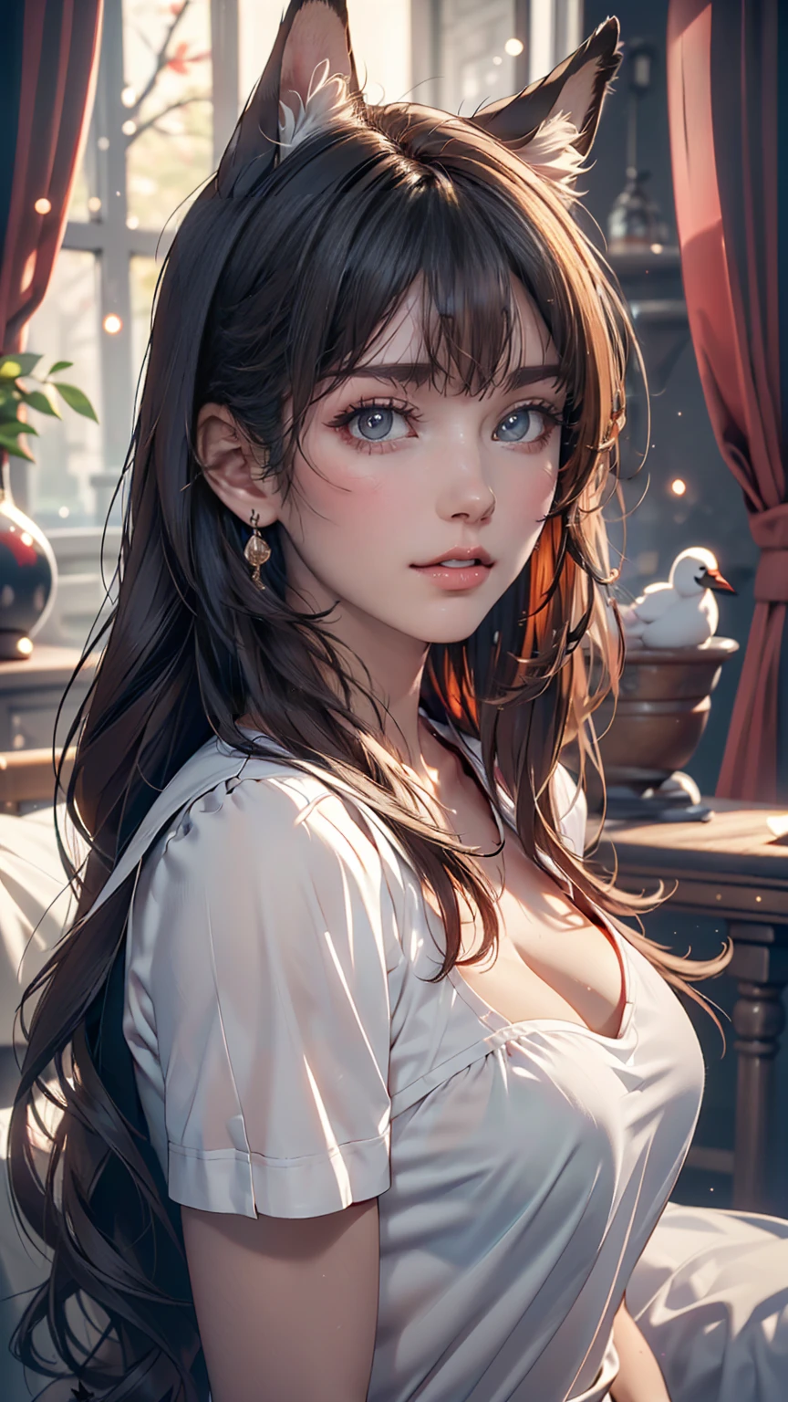1 Girl, Medium sized breasts, Starry Eyes, (8K, RAW Photos, High sensitivity, Highest quality, masterpiece, Ultra High resolution, realism: 1.25), blush, (非常にdetailedなCGユニティ8K壁紙, Highest quality, High resolution: 1.2), (Ultra_detailed, 超High resolution: 1.2), Perfect lighting, Individuality, (1 Girl: 1.4), (pretty girl: 1.2), Unreal Engine, Side light, Gray Hair, Fox Ears, Purple eyes, Perfect Face, detailedな顔, Perfect body, Beautiful Eyes, Beautiful Face, (Light Skin: 1.4), Idol, (whole body), Red T-shirt, transparent,、Duck mouth