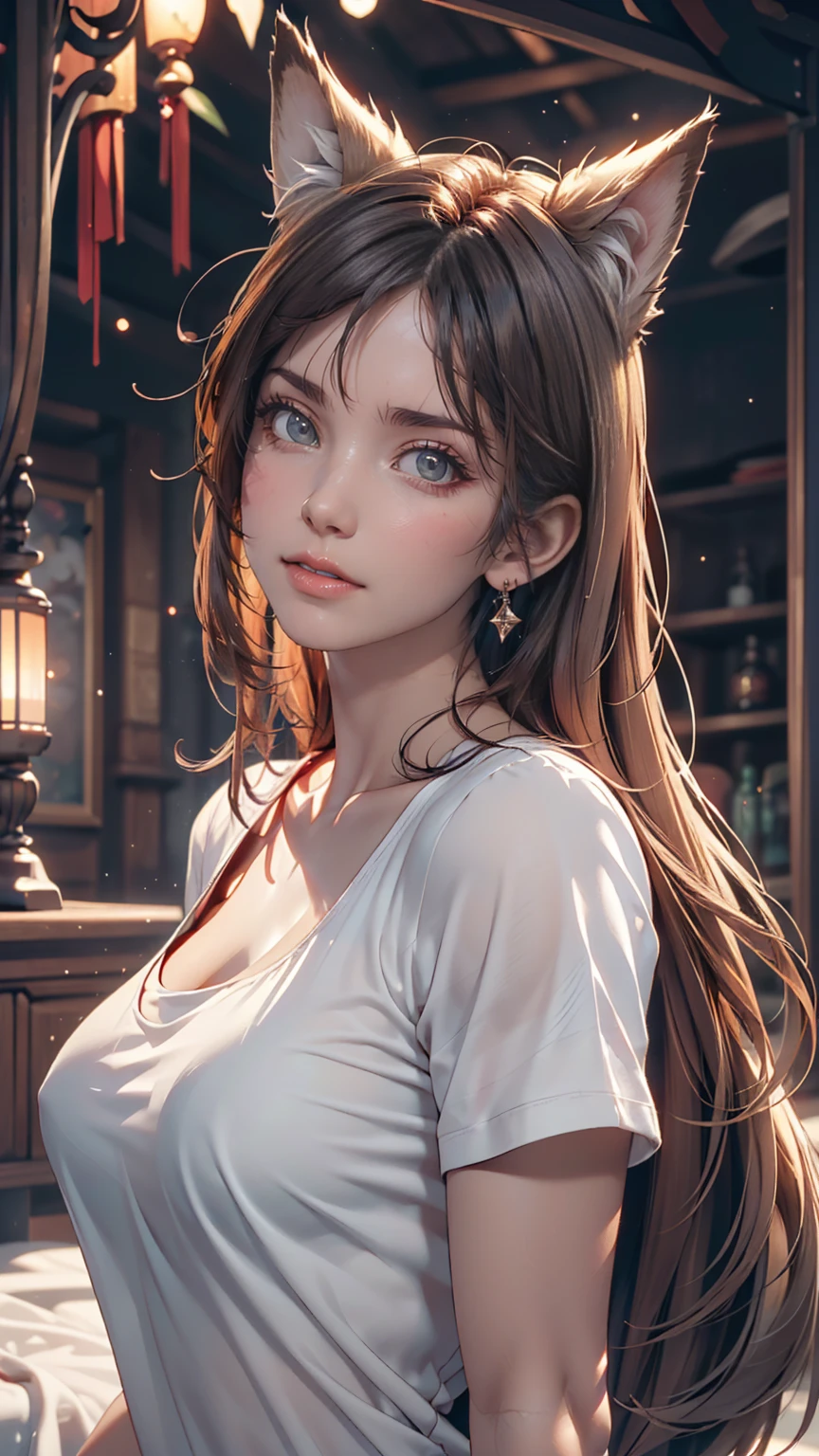 1 Girl, Medium sized breasts, Starry Eyes, (8K, RAW Photos, High sensitivity, Highest quality, masterpiece, Ultra High resolution, realism: 1.25), blush, (非常にdetailedなCGユニティ8K壁紙, Highest quality, High resolution: 1.2), (Ultra_detailed, 超High resolution: 1.2), Perfect lighting, Individuality, (1 Girl: 1.4), (pretty girl: 1.2), Unreal Engine, Side light, Gray Hair, Fox Ears, Purple eyes, Perfect Face, detailedな顔, Perfect body, Beautiful Eyes, Beautiful Face, (Light Skin: 1.4), Idol, (whole body), Red T-shirt, transparent,、Duck mouth