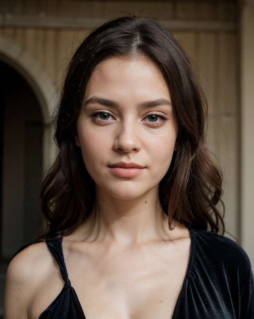 Cute beautiful sexy European light-green-eyed brunette, 22 years old,
seductive look in eyes, girl in black velvet dress, stylish black velvet dress, full body view, black velvet dress, elegant black velvet dress, castle, romantic setting, full body view, walking,
innocent face, face-length 1.3 times the face-width, almond-shaped eyes, squared face-shape, high cheekbones, naturally wavy hair, light-green eyes, high-res, masterpiece, best quality, intricate details, very detailed, sharp focus, detailed skin, realistic skin texture, texture, detailed eyes, professional, 4k, charming smile, shot with Canon, depth of field, Kodak Vision color, perfectly fitting body, extremely detailed, photo_\( ultra\), photorealistic, realistic, post processing, maximum details, roughness, real life, ultrarealistic, photorealism, photography, 8k UHD, photography