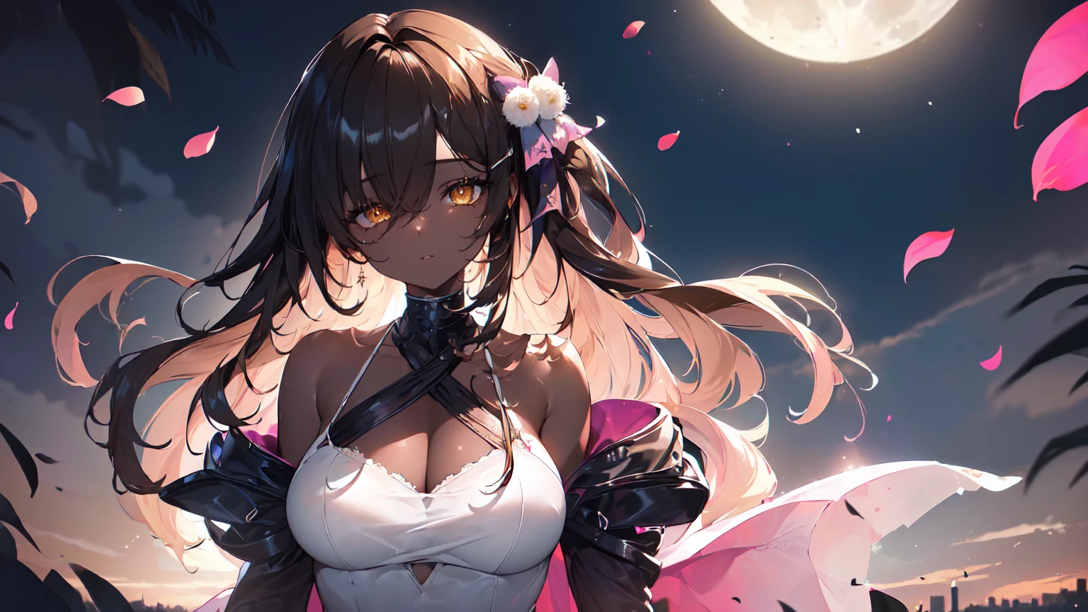 ((((Obra maestra, La mejor calidad, ultrahigh resolution)))), 1girl, standing,), ((long pure brown hair, hair over eye)), long hair cut, shiny skin, ((golden eyes)), glowing_eyes, neon eyes, (ultra detailed eyes:0.7, beautiful and detailed face, detailed eyes:0.9), ((centered)), smirk, facing viewer, ((vibrant background, dark lighting, summer, sunlight)), large chested, looking at viewer, ((half closed eyes)), ((perfect hands)), (((head:1, arms, hips in view, elbows, in view))), ((hands behind back)), empty eyes, beautiful lighting, ((outside, outdoors)), defined subject, head tilt, (((gritty)), ((creepy)), ((cool)), ((beautiful)), (((SFW))), hair ornament, petals in the air, moon in the sky, city, mature woman, adult woman, sfw, pink and white dress, night dress, she is a princess, dark skin, gal,