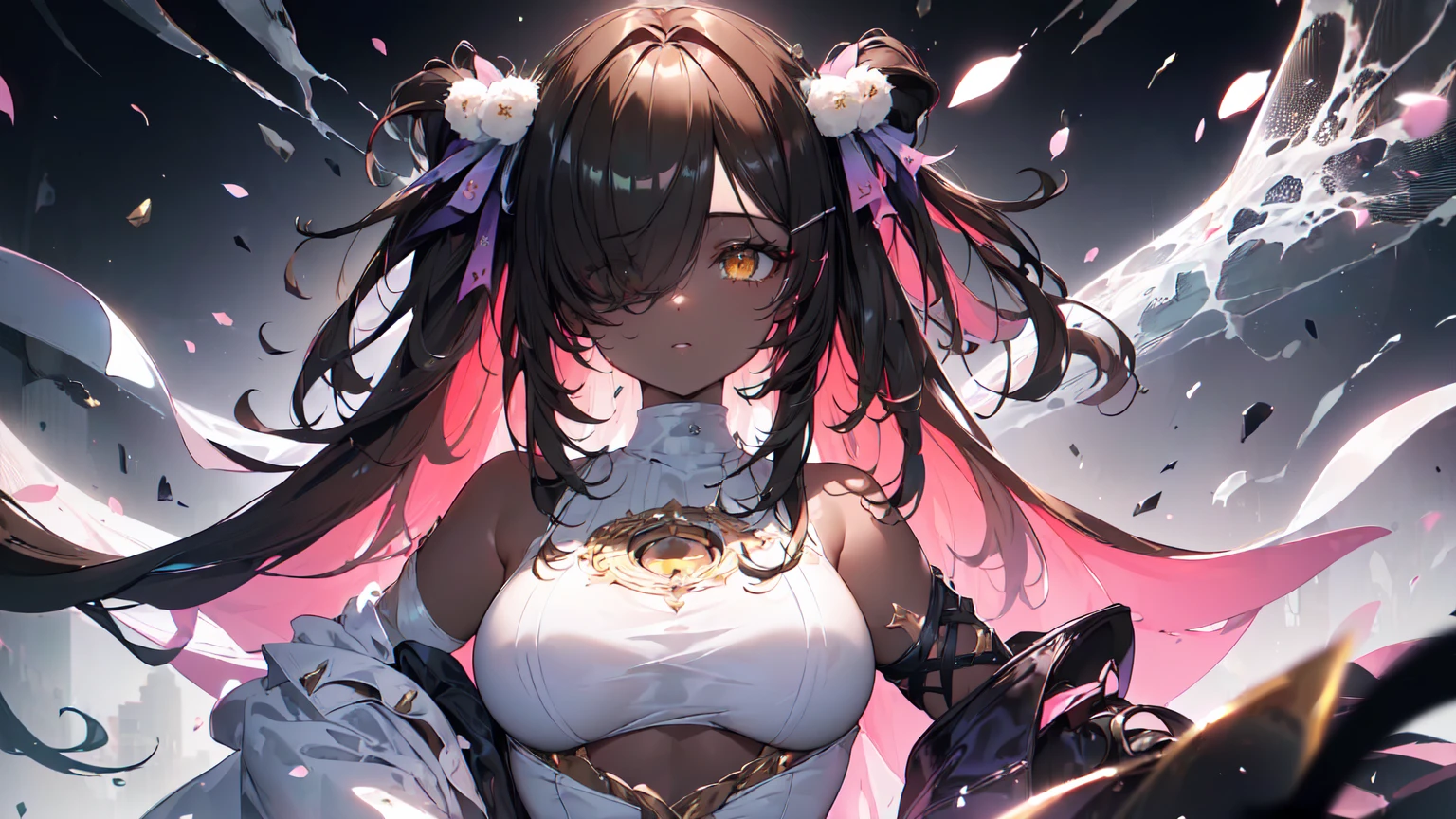 ((((Obra maestra, La mejor calidad, ultrahigh resolution)))), 1girl, standing,), ((long pure brown hair, hair over eye)), long hair cut, shiny skin, ((golden eyes)), glowing_eyes, neon eyes, (ultra detailed eyes:0.7, beautiful and detailed face, detailed eyes:0.9), ((centered)), smirk, facing viewer, ((vibrant background, dark lighting, summer, sunlight)), large chested, looking at viewer, ((half closed eyes)), ((perfect hands)), (((head:1, arms, hips in view, elbows, in view))), ((hands behind back)), empty eyes, beautiful lighting, ((outside, outdoors)), defined subject, head tilt, (((gritty)), ((creepy)), ((cool)), ((beautiful)), (((SFW))), hair ornament, petals in the air, moon in the sky, city, mature woman, adult woman, sfw, pink and white dress, night dress, she is a princess, gal, dark skin