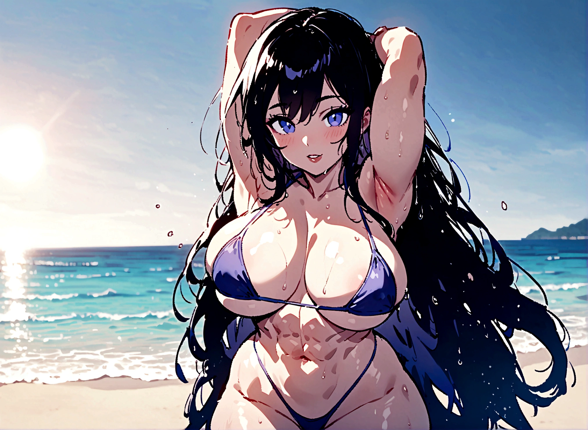 1girl, beautiful, perfect lighting, muscular female, thighs, large breasts, armpits, mature female, milf, looking at viewer (masterpiece, high quality:1.2) micro bikini, beach, bright, sunlight, water, wet, wet clothes, happy, happy, wind, navel, abs, big ass, ass shot, thick, ass focus