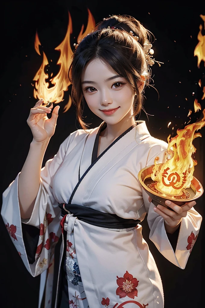 A beautiful smiling woman in a kimono dancing with fire in her hands, manipulating the flames with a magic circle and a blazing flame in the background