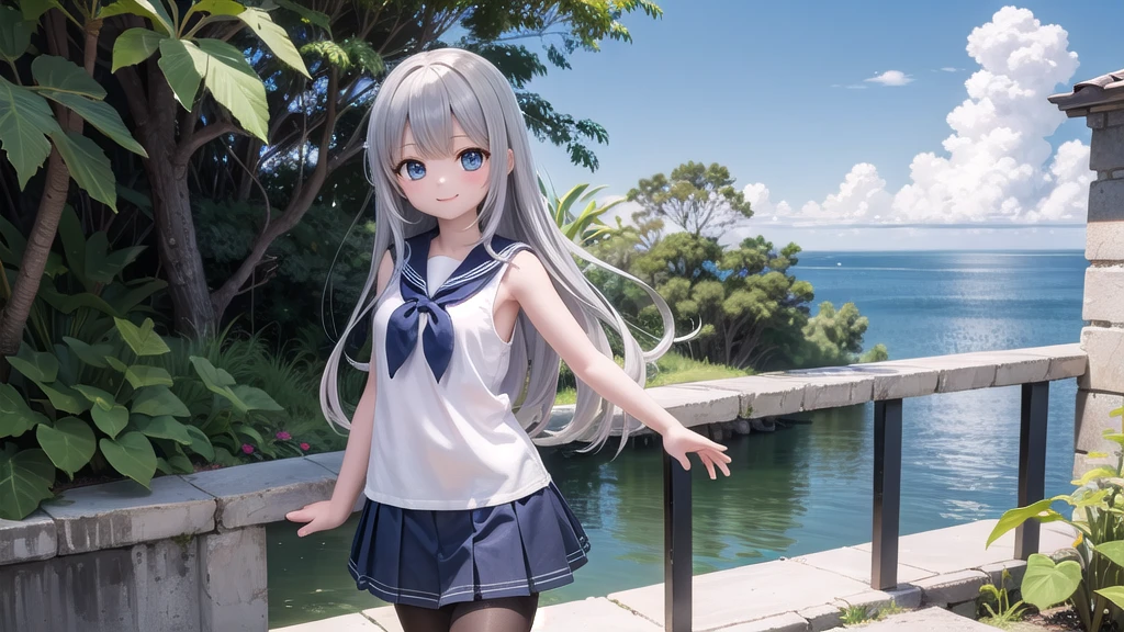 wallpaper, Clear face, (masterpiece), town, blue sky, One Girl, Place the person on the right, smile, alone, Sailor suit、Long skirt, Overgrown, petal, plant、Skirt lining、White slip、nostalgic、pantyhose(gray)、I can see the ocean in the distance, Crotch close-up
