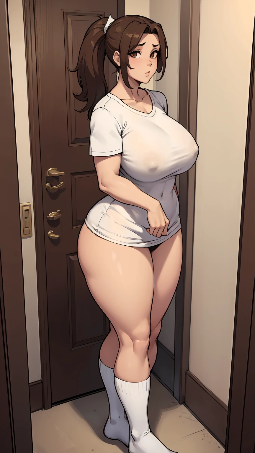 One female brown ponytail, brown eyes, large chest, long white no shirt, bare legs, long socks, Curvy. Standing in front doorway of house. (Solo), (alone) huge tits