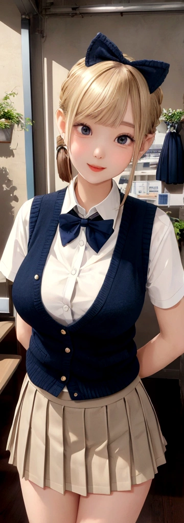 (masterpiece:1.2, best quality), (Practical, photoPractical:1.4), Fine quality illustrations, (Natural side light, Cinema Lighting), Written border depth, 
Looking at the audience, Front view, 1 girl, English, High school girl, 20 years old, Perfect face, Symmetrical cute face, Glowing skin, Legs open,
(Bob Hairstyle:1.7,Blonde), Asymmetrical bangs, big eyes, Drooping eyes, Long eyelashes chest), Thin, 
Beautiful hair, Pretty Face, Pretty and beautiful eyes, Beautiful clavicle, Beautiful Body, Beautiful breasts, Beautiful thighs, Beautiful legs, Beautiful fingers, 
((High quality fabrics, Brown knitted vest, Short sleeve white collar shirt, Navy blue pleated skirt, Navy bow tie)), 
(beautiful scenery), night, (Flower shop interior), Standing, (Smile, Predominant, open mouth),  (((Skirt flip, No pants, Visible genitals))), full-body shot, Dark blue socks, Sexy face, Inverted Nipple,