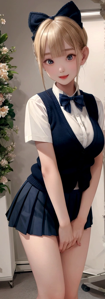 (masterpiece:1.2, best quality), (Practical, photoPractical:1.4), Fine quality illustrations, (Natural side light, Cinema Lighting), Written border depth,
Looking at the audience, Front view, 1 girl, English, High school girl, 20 years old, Perfect face, Symmetrical cute face, Glowing skin, Legs open,
(Bob Hairstyle:1.7,Blonde), Asymmetrical bangs, big eyes, Drooping eyes, Long eyelashes chest), Thin,
Beautiful hair, Pretty Face, Pretty and beautiful eyes, Beautiful clavicle, Beautiful Body, Beautiful breasts, Beautiful thighs, Beautiful legs, Beautiful fingers,
((High quality fabrics, Brown knitted vest, Short sleeve white collar shirt, Navy blue pleated skirt, Navy bow tie)),
(beautiful scenery), night, (Flower shop interior), Standing, (Smile, Predominant, open mouth), (((Skirt flip, No pants, Visible genitals))), full-body shot, Dark blue socks, Sexy face, Inverted Nipple,