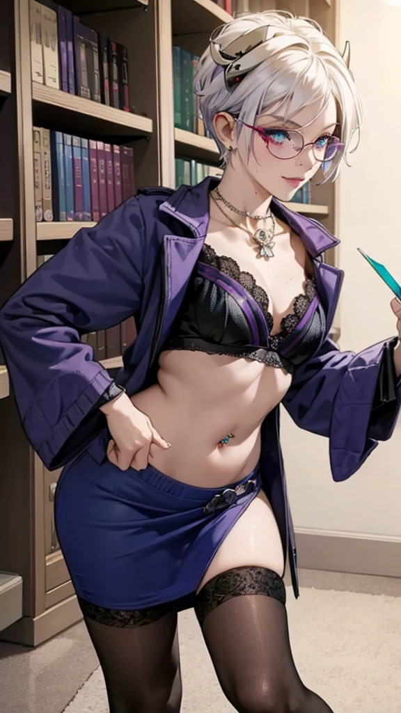 8k, masterpiece, best quality, highly detailed, 1 girl, tiefling, warlock, multicolored hair, very short straight hair green highlight hair on white hair, strippled hair, wearing glasses, round glasses, earrings, red eyeshadow, long eyelashes,navel piercing, blushed cheek, necklace, collarbone, high heels, mole, glamorous, purple and teal clothing, villainy, smirk, seductive face, fullbody view, rings, looking at viewer, standing, demon horns, solo, hand touching cheek, library, black lace gloves, holding book, miniskirt.