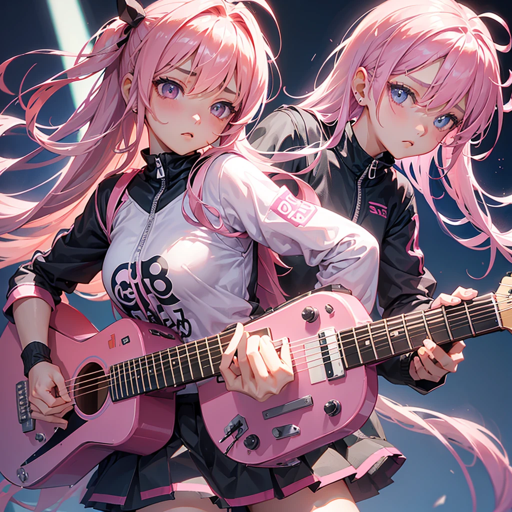 beautiful girl、Troubled face、Pink Hair、Long Hair、Pink jersey、Grey Skirt、I have a guitar、The zipper on his jersey is open、Nipples are visible