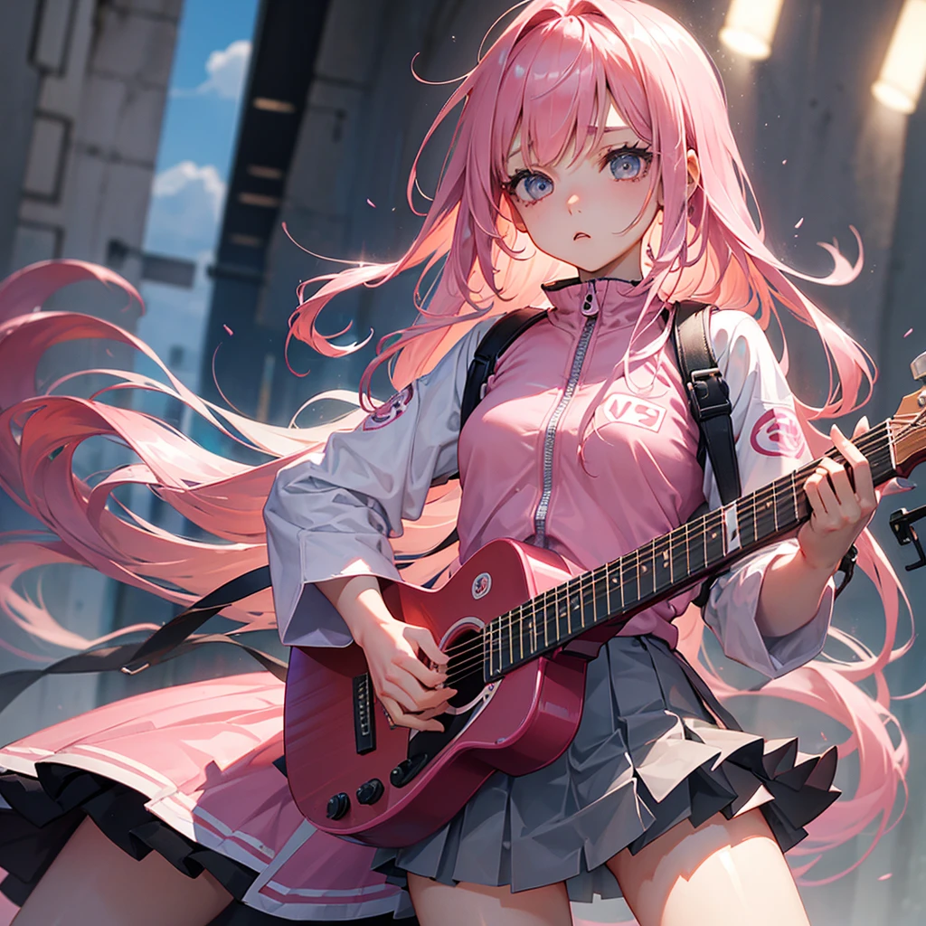 beautiful girl、Troubled face、Pink Hair、Long Hair、Pink jersey、Grey Skirt、I have a guitar、The zipper on his jersey is open、Nipples are visible