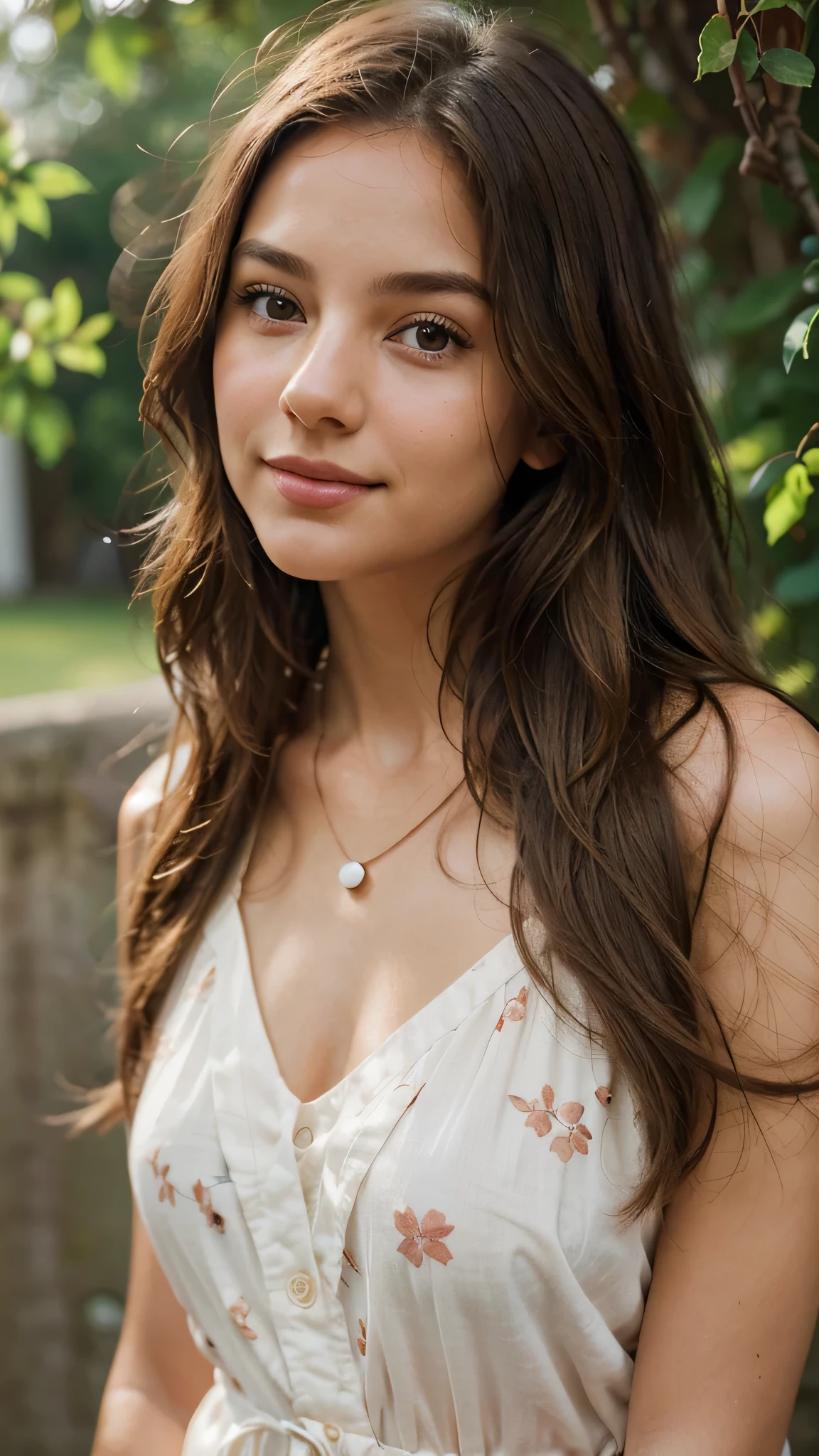 Create a portrait of a young woman in her twenties with a natural and realistic appearance. She has long, wavy brown hair cascading over her shoulders, with highlights catching the light. Her eyes are hazel, expressive and warm, conveying a sense of kindness and intelligence. She has a subtle smile, with lips that are rosy and naturally shaped. Her complexion is smooth and lightly tanned, suggesting a healthy outdoor lifestyle. She is wearing a simple small flowers blouse with delicate patterns, and there's a hint of a necklace peeking out. The background is soft and blurred, focusing attention on her features and expression."
This prompt should help guide the creation of a realistic-looking girl in Sea Art AI, emphasizing natural details and a lifelike appearance.