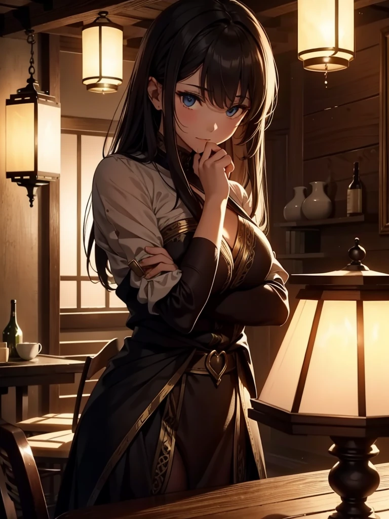 (masterpiece、top-quality、hight resolution、Unity 8k Wallpaper、extremely details CG:1), In a dimly lit inn room, a long-time female adventurer partner leans close to her male companion. She is dressed in slightly worn adventurer attire, yet there is an air of intimacy and vulnerability about her. She whispers softly in his ear, "I'm glad to hear that... you know, I want to know more about you," her voice filled with a mix of curiosity and allure. The soft rustle of her clothing adds to the tension of the moment. Her eyes are filled with a tender, inviting gaze, and her body language suggests an openness and desire to deepen their connection. The room is simple and cozy, with the warm glow of a nearby lantern casting soft shadows, enhancing the intimate atmosphere.