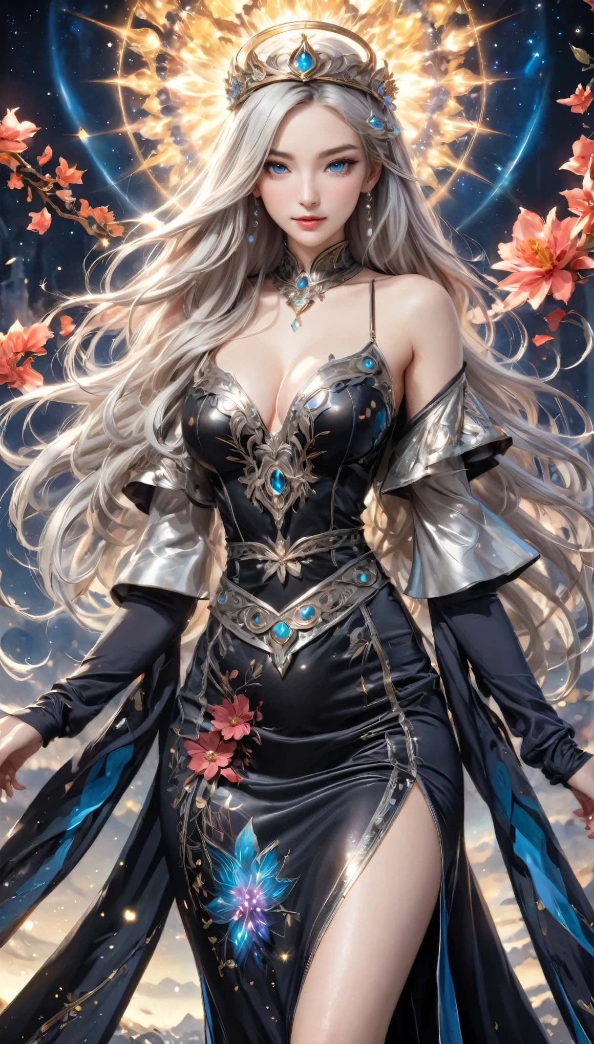 8K resolution, masterpiece, Highest quality, Award-winning works, unrealistic, From above, erotic, sole sexy lady, healthy shaped body, 22 years old, black mage, 165cm tall, huge firm bouncing busts,, white silver long wavy hair, Detailed facial depictions, Break, Mysterious blue eyes, Standard nose, Eyeliner, pink lips, sexy long legs, Transparent and shiny skin, holy knight, Gothic ruffle long dress, A dress with a complex structure, Seven-colored colorful dress, Clothed in flames, royal coat of arms, elegant, Very detailed, Delicate depiction of hair, miniature painting, Digital Painting, artステーション, コンセプトart, Smooth, Sharp focus, shape, artジャム、Greg Rutkowski、Alphonse Mucha、William Adolphe Bouguereau、art：Stephanie Law , Royal Jewel, nature, Symmetric, Greg Rutkowski, Charlie Bowwater, Unreal, Surreal, Dynamic Lighting, ファンタジーart, Complex colors, Buddhist Mandala, Colorful magic circle, flash, dynamic sexy poses, A kind smile, Mysterious Background, Aura, A gentle gaze, BREAK, Small faint lights and flying fireflies, night, lanthanum, 山の頂From above下界を見下ろす, Starry Sky, milky way, nebula, shooting star, Flowers, birds, wind and moon, (Back view, Looking back towards the camera:1.3), chant healing magic, A pillar of light stretching to the sky, Laser beam, Climb the stairs to heaven