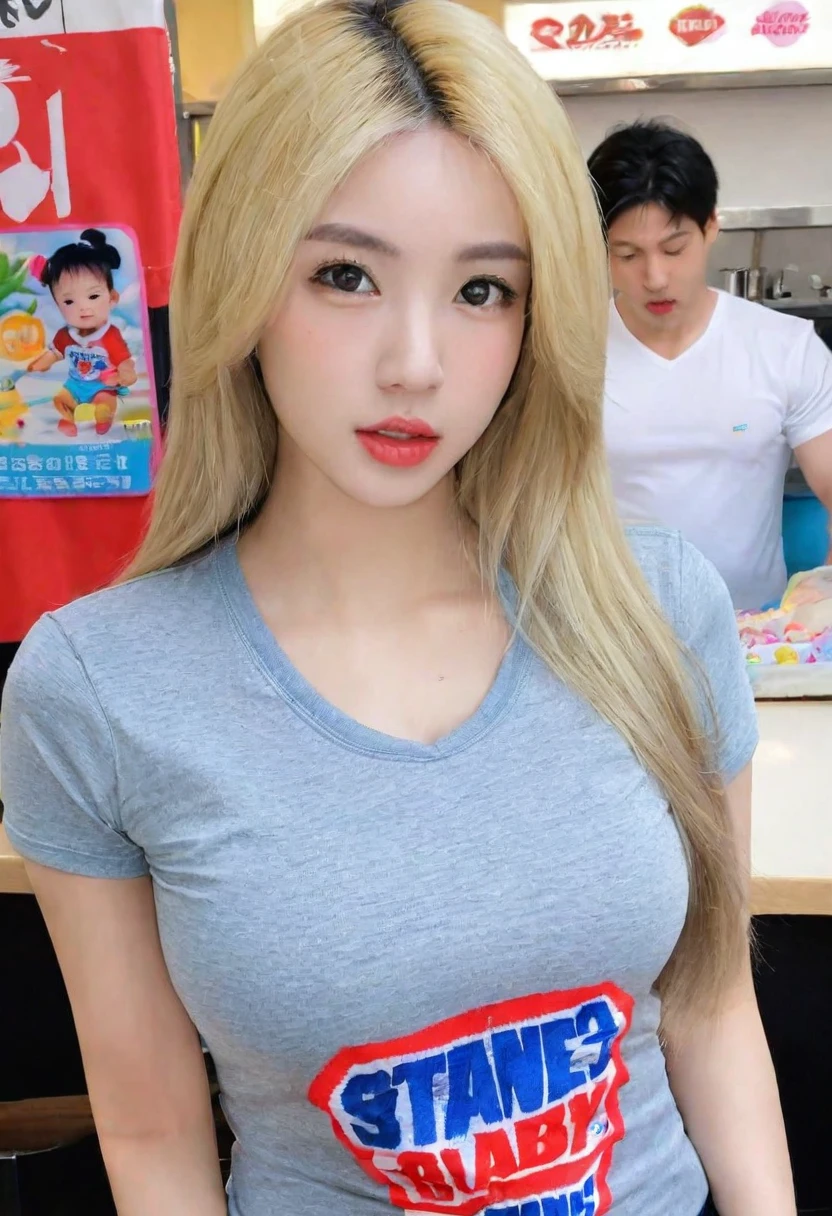 Woman, Asian American, very attractive, big lips, blonde highlights, straight hair, big tits, fully clothed, tight baby tee, 