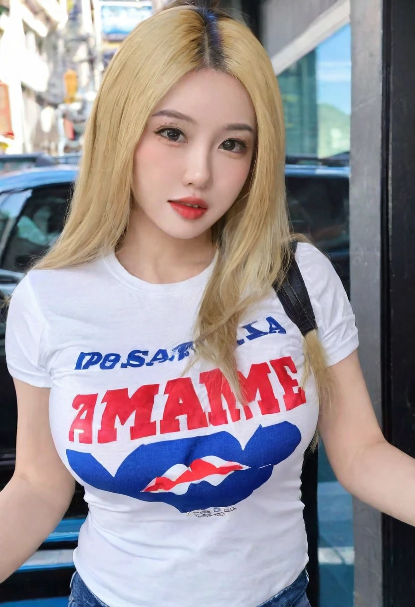 Woman, Asian American, very attractive, big lips, blonde highlights, straight hair, big tits, fully clothed, tight baby tee,