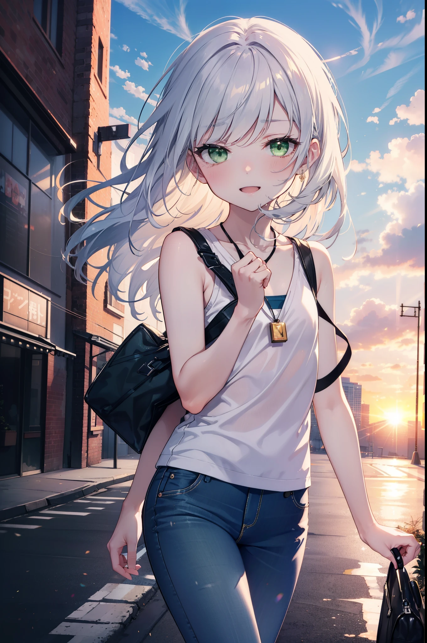 index, index, (Green Eyes:1.5), Silver Hair, Long Hair, (Flat Chest:1.2)happy smile, smile, Open your mouth,v neck tank top shirt,Skinny jeans,Cute Sandals,Rocket Pendant,Walking,Sunset,evening,The sun is setting,whole bodyがイラストに入るように,
break looking at viewer, whole body,
break outdoors, Building district,
break (masterpiece:1.2), Highest quality, High resolution, unity 8k wallpaper, (figure:0.8), (Beautiful attention to detail:1.6), Highly detailed face, Perfect lighting, Highly detailed CG, (Perfect hands, Perfect Anatomy),