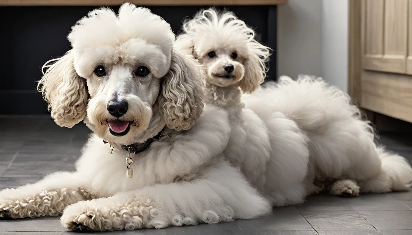 "A fluffy white Standard Poodle with a natural, untrimmed cut in a cozy dog cafe. The poodle's coat is long and voluminous, giving it a teddy bear-like appearance. Its face is round and full, with fur covering the muzzle and forming a soft frame around the eyes. The body fur is left long and natural, without any sculpting or shaping. The dog's ears are covered in long, flowing fur. In one image, the poodle is lying on a light-colored floor, its paws stretched out. In another, it's peeking over a dark surface, with its fluffy paws visible. The overall look is very natural and unstyled, with the fur appearing soft and slightly tousled. The poodle's dark eyes and black nose stand out against its creamy white fur."