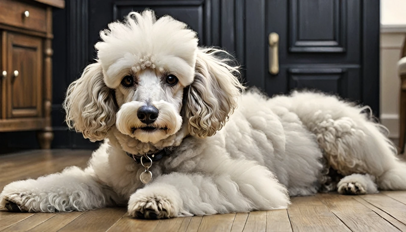 "A fluffy white Standard Poodle with a natural, untrimmed cut in a cozy dog cafe. The poodle's coat is long and voluminous, giving it a teddy bear-like appearance. Its face is round and full, with fur covering the muzzle and forming a soft frame around the eyes. The body fur is left long and natural, without any sculpting or shaping. The dog's ears are covered in long, flowing fur. In one image, the poodle is lying on a light-colored floor, its paws stretched out. In another, it's peeking over a dark surface, with its fluffy paws visible. The overall look is very natural and unstyled, with the fur appearing soft and slightly tousled. The poodle's dark eyes and black nose stand out against its creamy white fur."