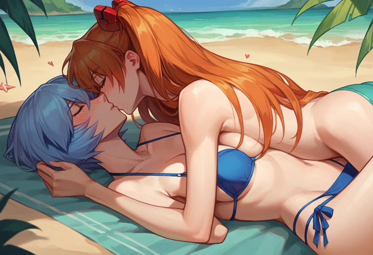 score_9, score_8_up, score_8_up, source_anime, 2girls, (Asuka Langley Soryu, orange hair, long flowing hair, hair ornament:1.0), (Rei Ayanami, blue hair, short bob hair:1.0), girlfriends, cleavage, bikini bottoms, topless, beach, outdoors, laying, hugging, groping, kissing, blush.